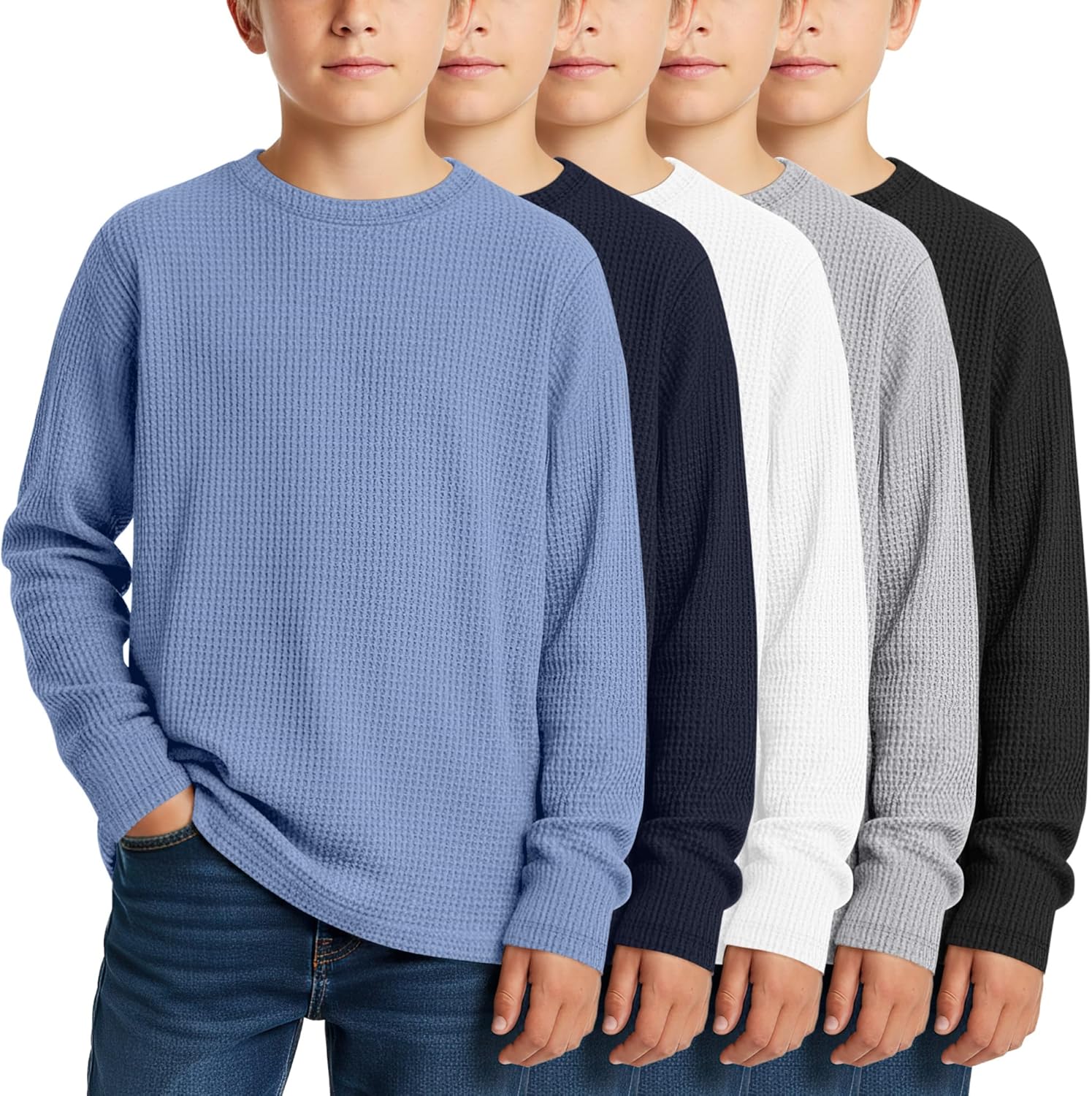 5 Pack Boy’s Long Sleeve Shirts, Waffle Knit Crew Neck Tops T-Shirts Basic Layer Undershirts 5-14 Years Kids