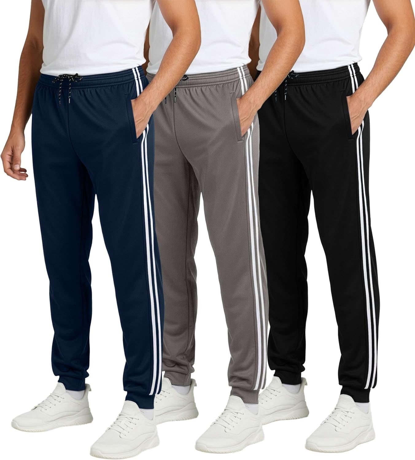 Real Essentials 3 Pack: Men’s Tech Mesh Active Athletic Casual Jogger Sweatpants with Pockets(Available in Big & Tall)