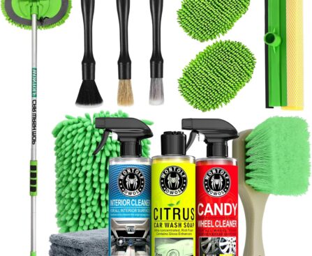 Wontolf Complete Car Wash Cleaning Kit with Car Wash Brush, Car Wash Soap, Interior Cleaner, Wheel Cleaner, Window Squeegee, Car Interior Detailing Kit for Cars Trucks RVs SUVs, 17pcs