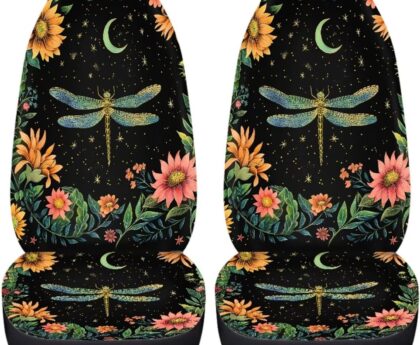 BIGCARJOB Moon Dragonfly Car Seat Cover Set Universal Car Front Seat Protector Full Set 2 Pieces Dragonfly Print Vehicle Bucket Seat Cover,Fit Most Vehicle,Cars,Sedan