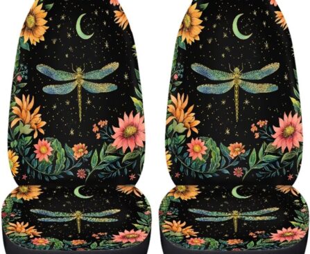BIGCARJOB Moon Dragonfly Car Seat Cover Set Universal Car Front Seat Protector Full Set 2 Pieces Dragonfly Print Vehicle Bucket Seat Cover,Fit Most Vehicle,Cars,Sedan