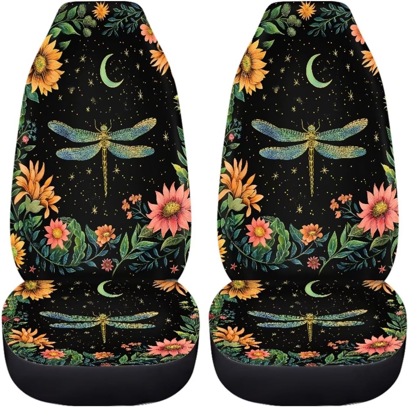 BIGCARJOB Moon Dragonfly Car Seat Cover Set Universal Car Front Seat Protector Full Set 2 Pieces Dragonfly Print Vehicle Bucket Seat Cover,Fit Most Vehicle,Cars,Sedan