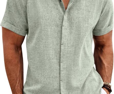 COOFANDY Men’s Linen Shirts Short Sleeve Casual Shirts Button Down Shirt for Men Beach Summer Wedding Shirt