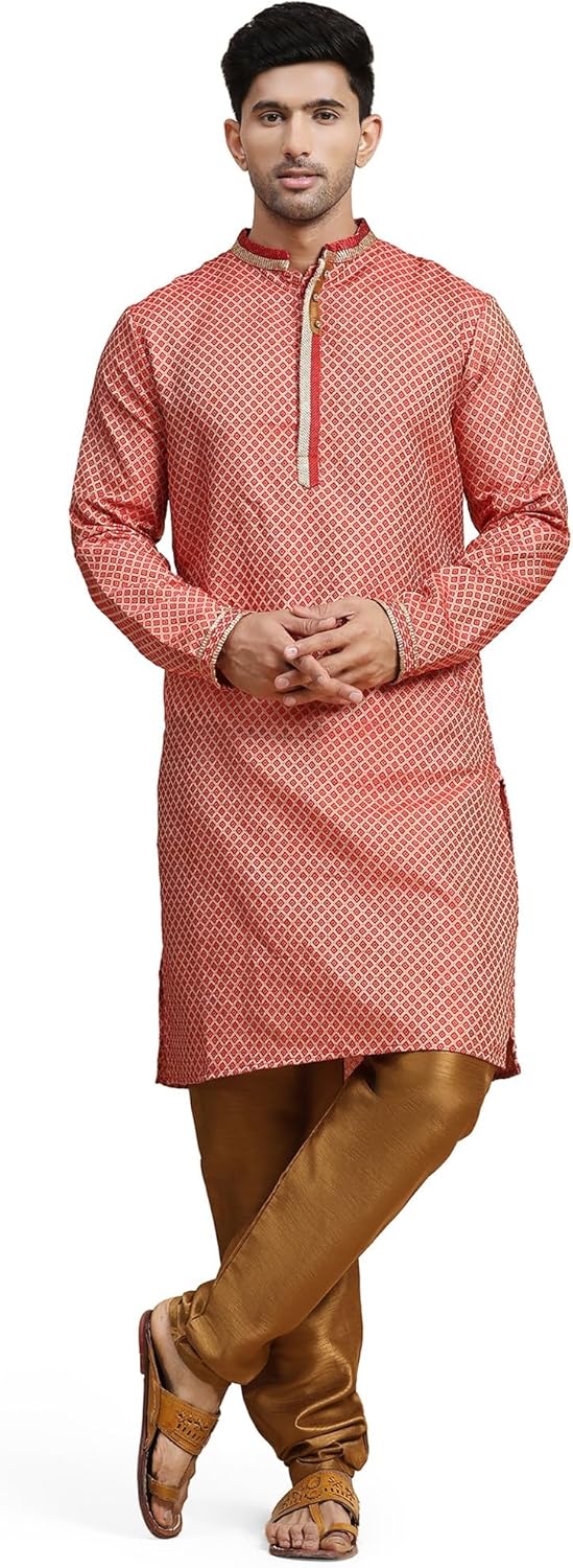 SKAVIJ Men’s Brocade Viscose Rayon Embroidered Kurta Pajama Set Thread Work Diwali Festive Party Ethnic Dress