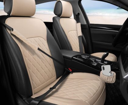 Sanwom Front Car Seat Covers – Leather Seat Covers with Storage Pocket and Two Belt Pads, Anti-Slip Waterproof Universal Seat Covers for Cars Fit Cars Trucks SUV(Beige,2 Pack)