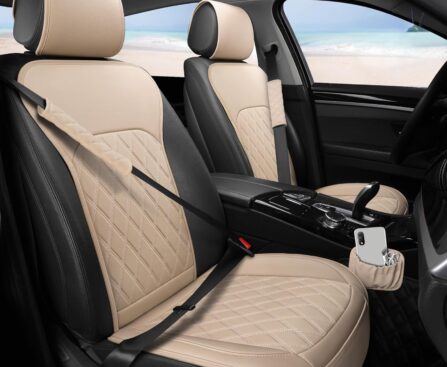 Sanwom Front Car Seat Covers – Leather Seat Covers with Storage Pocket and Two Belt Pads, Anti-Slip Waterproof Universal Seat Covers for Cars Fit Cars Trucks SUV(Beige,2 Pack)