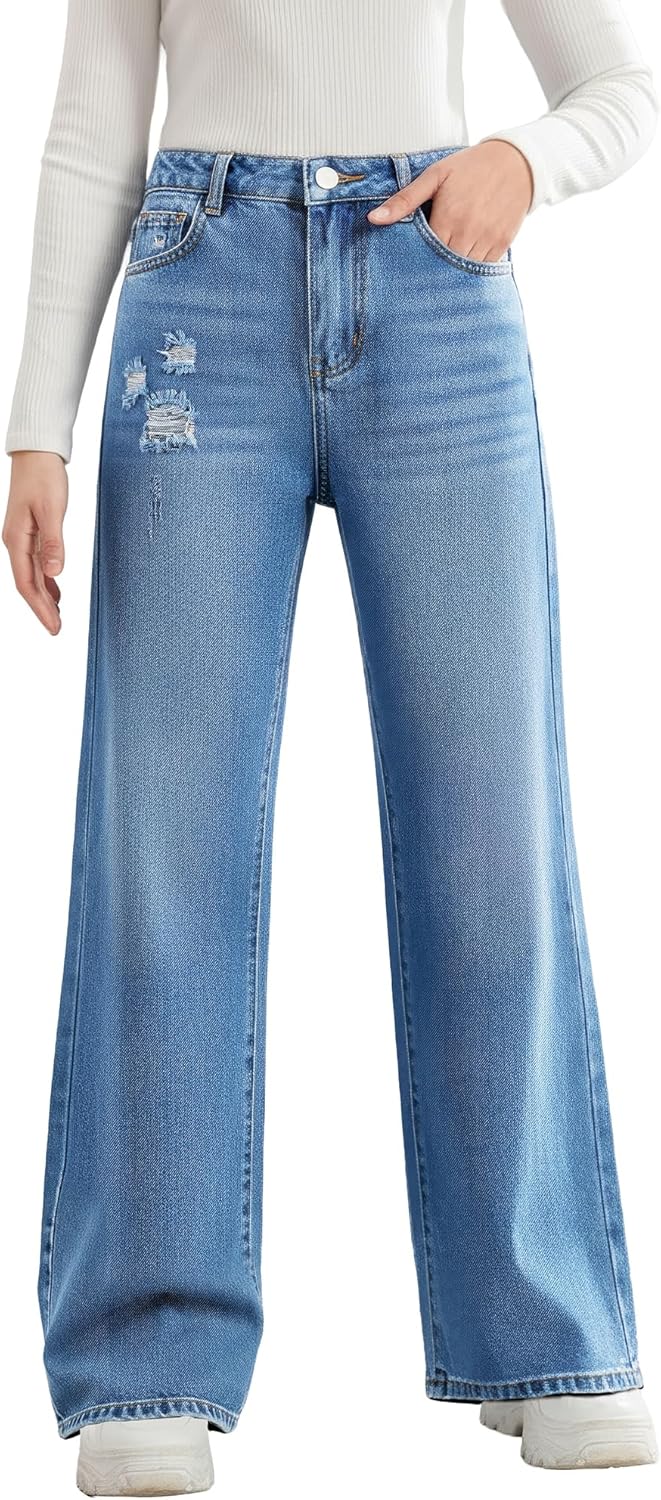 Girls Ripped Jeans Wide Leg Denim Pants Cute Cotton Fall Clothes for Kids Streetwear