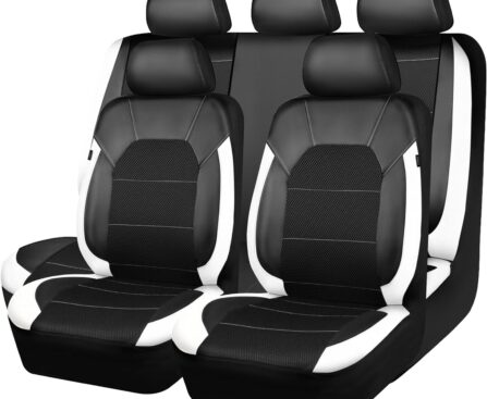 CAR PASS Universal Leather Car Seat Covers Full Set with Sporty Design, Breathable All Season Easy to Clean Anti-slip Wear-Resistant Automotive Seat Covers Fit for Most Cars, SUVs, Trucks, Black White