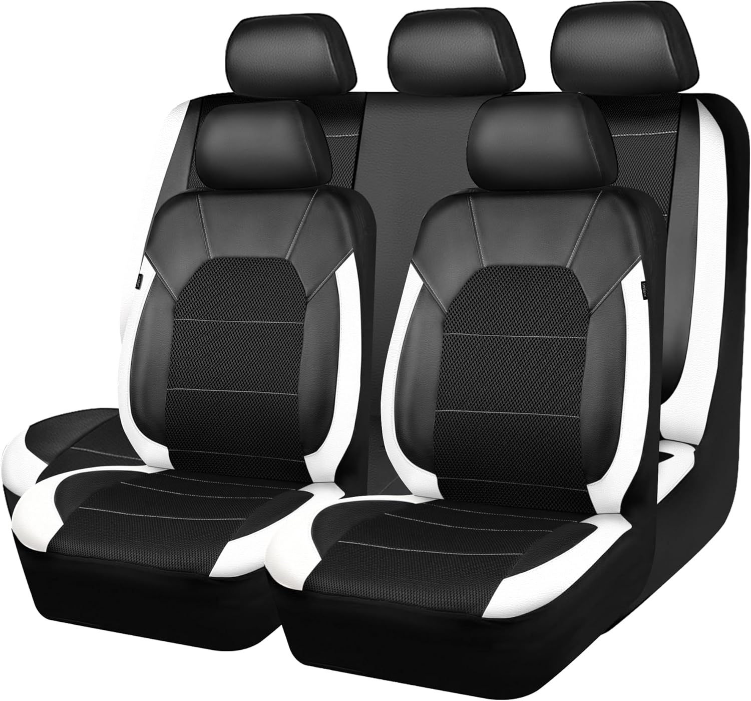 CAR PASS Universal Leather Car Seat Covers Full Set with Sporty Design, Breathable All Season Easy to Clean Anti-slip Wear-Resistant Automotive Seat Covers Fit for Most Cars, SUVs, Trucks, Black White