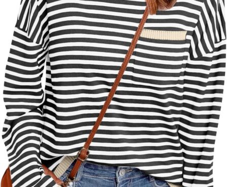 LILLUSORY Womens Striped Soft Knit Pullover Sweater Loose Fit Shirts with Chest Pocket