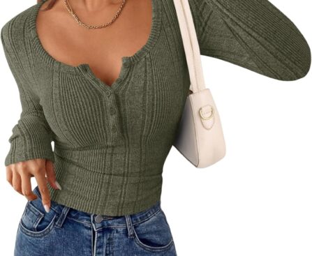 PRETTYGARDEN Women’s Long Sleeve Tops 2025 Fall Fashion Clothes Henley Shirts Slim Fitted Ribbed Tees Blouses Casual Outfits