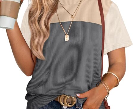 WIHOLL Womens Fashion 2025 Color Block Shirts Short Sleeve Crewneck Knitted Spring Summer Tops Casual Trendy