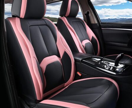 Coverado Seat Covers, Car Seat Covers Front Seats, Nappa Leather Seat Covers for Cars, Waterproof Car Seat Protector with Lumbar Support, Front Seat Covers Universal Fit for Most Cars (Black&Pink)