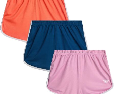 Reebok Girls Athletic Shorts – 3 Pack Active Performance Lightweight Mesh Dolphin Girls Shorts for Running Soccer Gym (7-12)