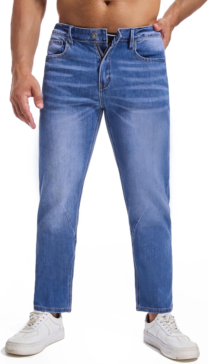 Jeans for Short Men 27″ Original Straight Taper Fit Short Length Casual Stretch Denim Pants AT01