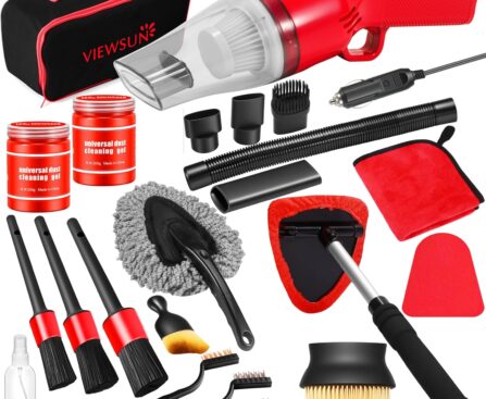 Viewsun 17PCS Car Cleaning Kit, Car Interior Detailing Kit with Red High Power Handheld Vacuum, Detailing Brush Set, Windshield Cleaner, Cleaning Gel, Complete Auto Accessories for Women