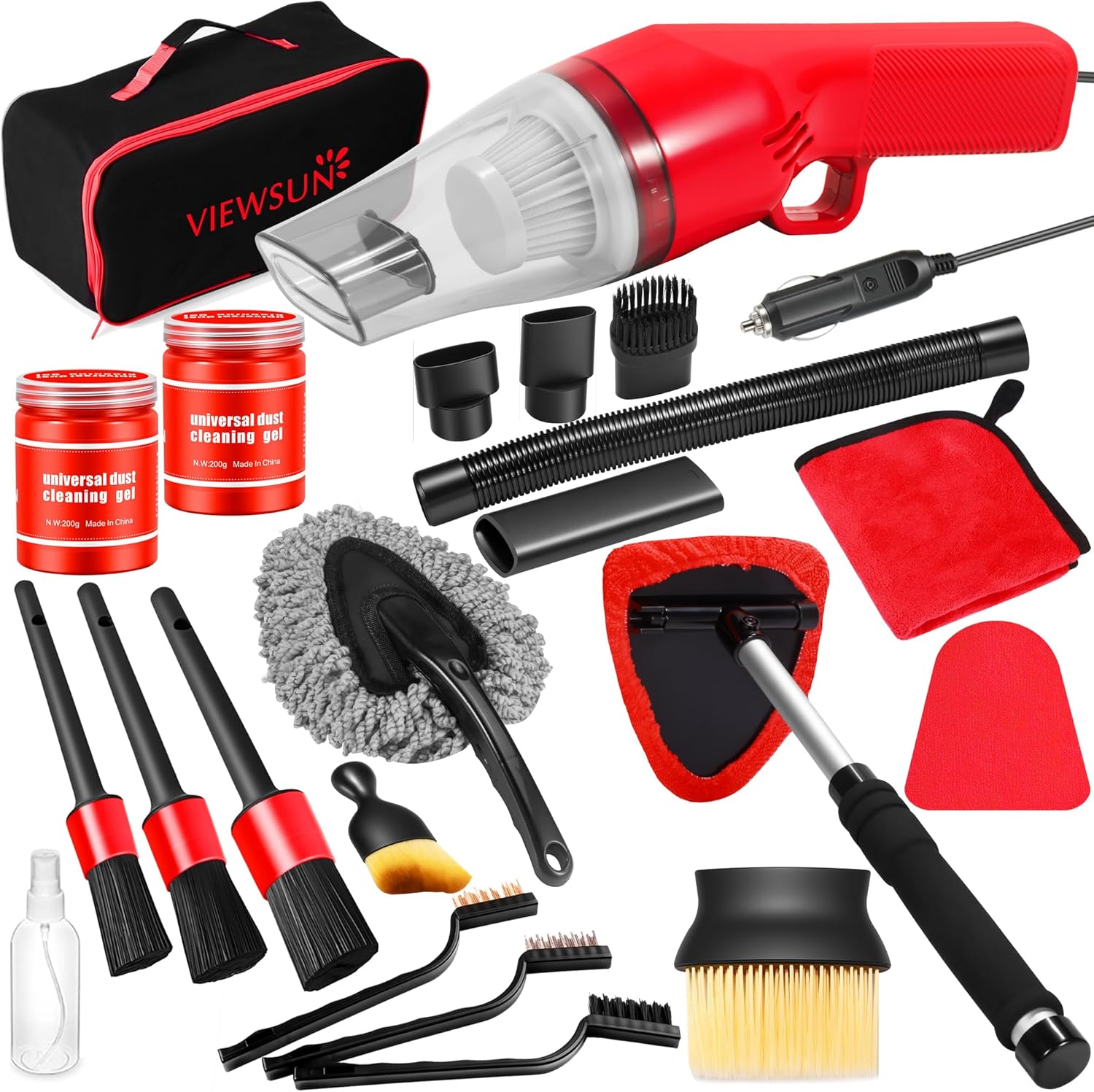 Viewsun 17PCS Car Cleaning Kit, Car Interior Detailing Kit with Red High Power Handheld Vacuum, Detailing Brush Set, Windshield Cleaner, Cleaning Gel, Complete Auto Accessories for Women