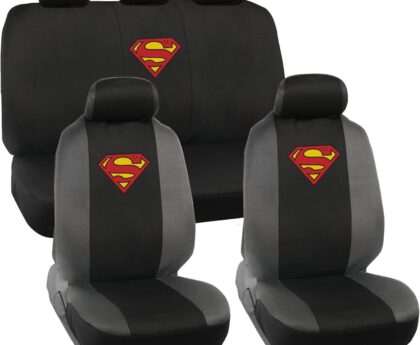 BDK Warner Brothers DC Superman Front & Rear Car Seat Covers Full Set – Easy to Install Durable & Polyester Car Seat Cover – All Vehicles Airbag Compatible Universal Car Accessories (Black & Gray)