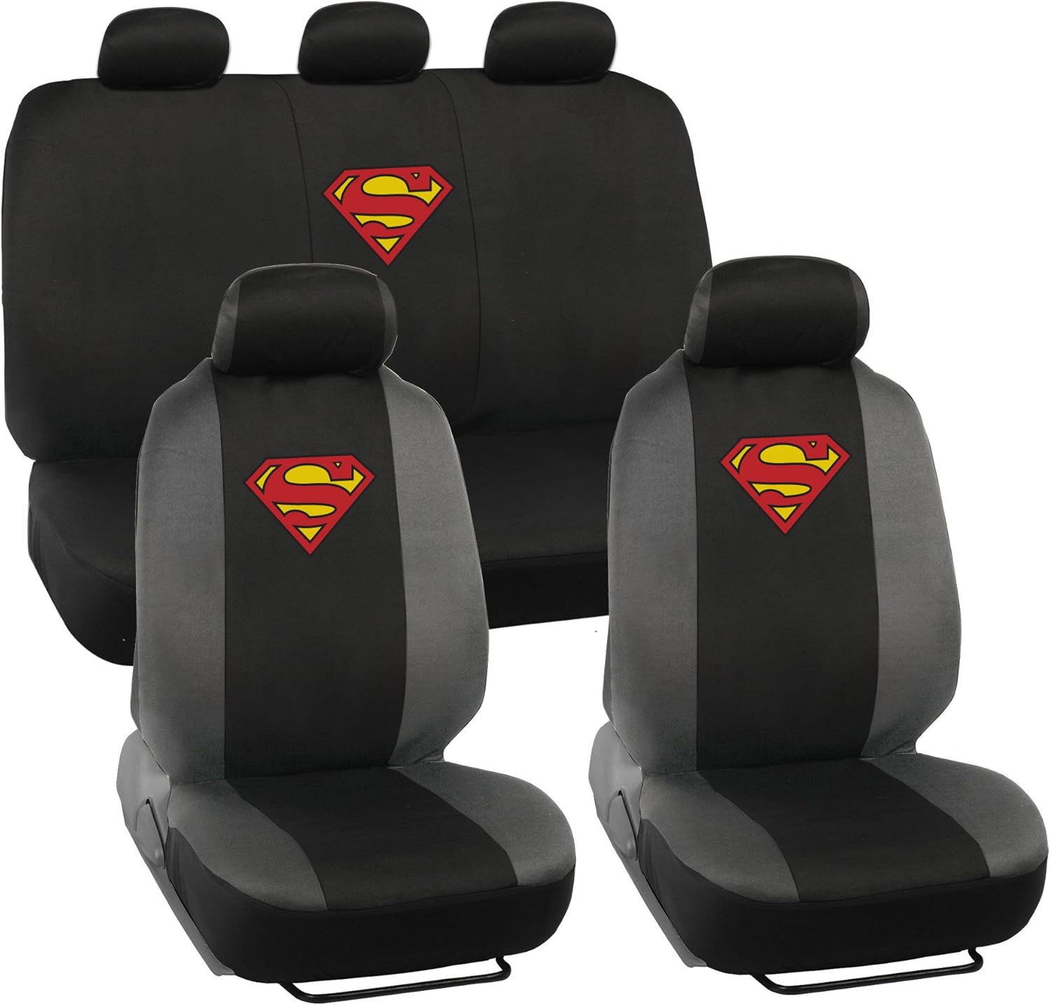 BDK Warner Brothers DC Superman Front & Rear Car Seat Covers Full Set – Easy to Install Durable & Polyester Car Seat Cover – All Vehicles Airbag Compatible Universal Car Accessories (Black & Gray)