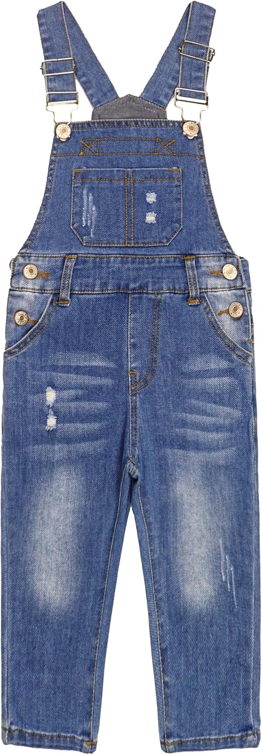 KIDSCOOL SPACE Baby Little Boys Slim Fit Jeans,Ripped Big Bib Pocket Fashion Denim Overalls