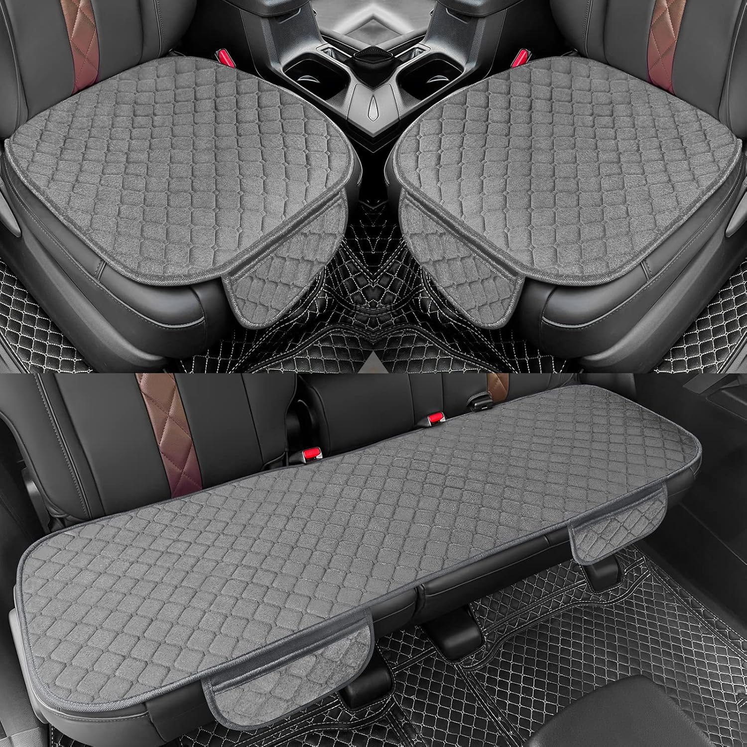 surpassme Car Seat Covers Universal Seat Covers for Car Accessories with Storage Pockets, Car Front Seat Covers and Rear Bench Coverfor Automotive, SUV, Truck, and Van(Grey)