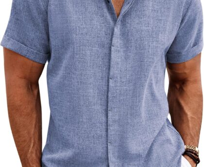 COOFANDY Men’s Linen Shirts Short Sleeve Casual Shirts Button Down Shirt for Men Beach Summer Wedding Shirt