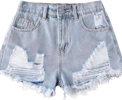 Girls Ripped Jean Shorts High Waisted Straight Leg Denim Shorts with Pockets
