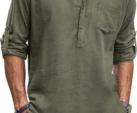COOFANDY Men’s Linen Henley Shirts Long Sleeve Collarless T-Shirts Longline Kurta Beach Shirts with Pocket