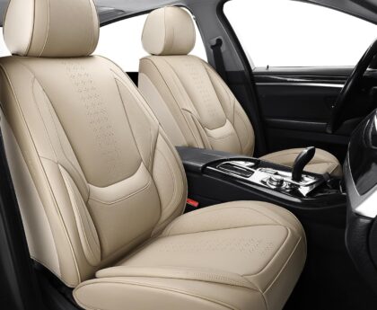 Chezope Leather Seat Covers,Car Seat Covers Front Pair,Automotive Car Seat Protectors 2 Seats, Car Seat Covers Front Seats Back Seat Covers for Most Cars SUV Sedans Trucks (Beige-Solid, Front Pair)