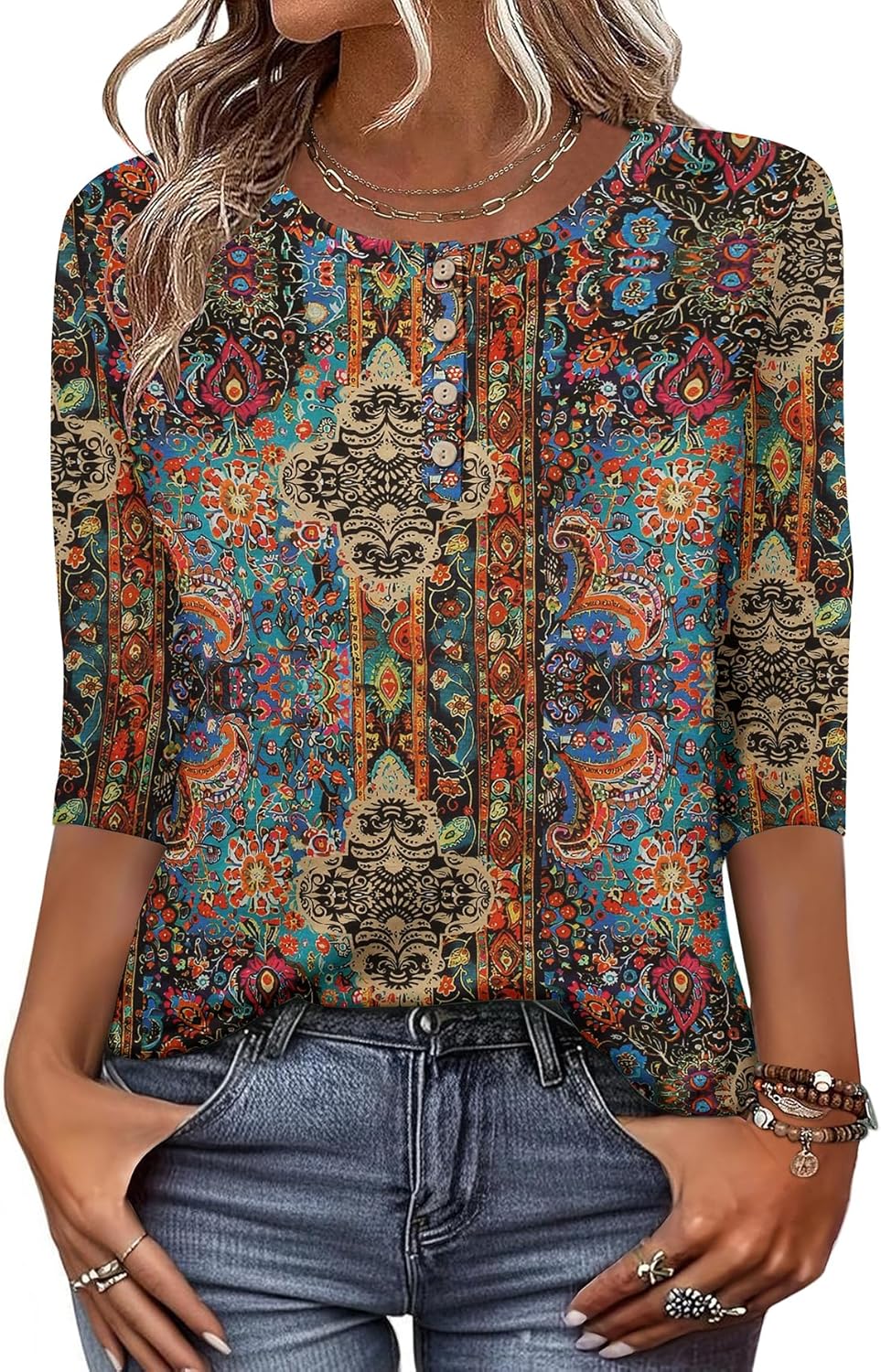 Zeagoo 3/4 Length Sleeve Women Tops Crew Neck Blouses Dressy Casual Summer T Shirts Loose Fit Business Work Clothes