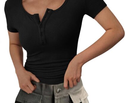 PRETTYGARDEN Women’s 2025 Fall Summer Short Sleeve Tops Ribbed Henley Button Slim Fit Basic Casual T Shirts Blouse Clothing