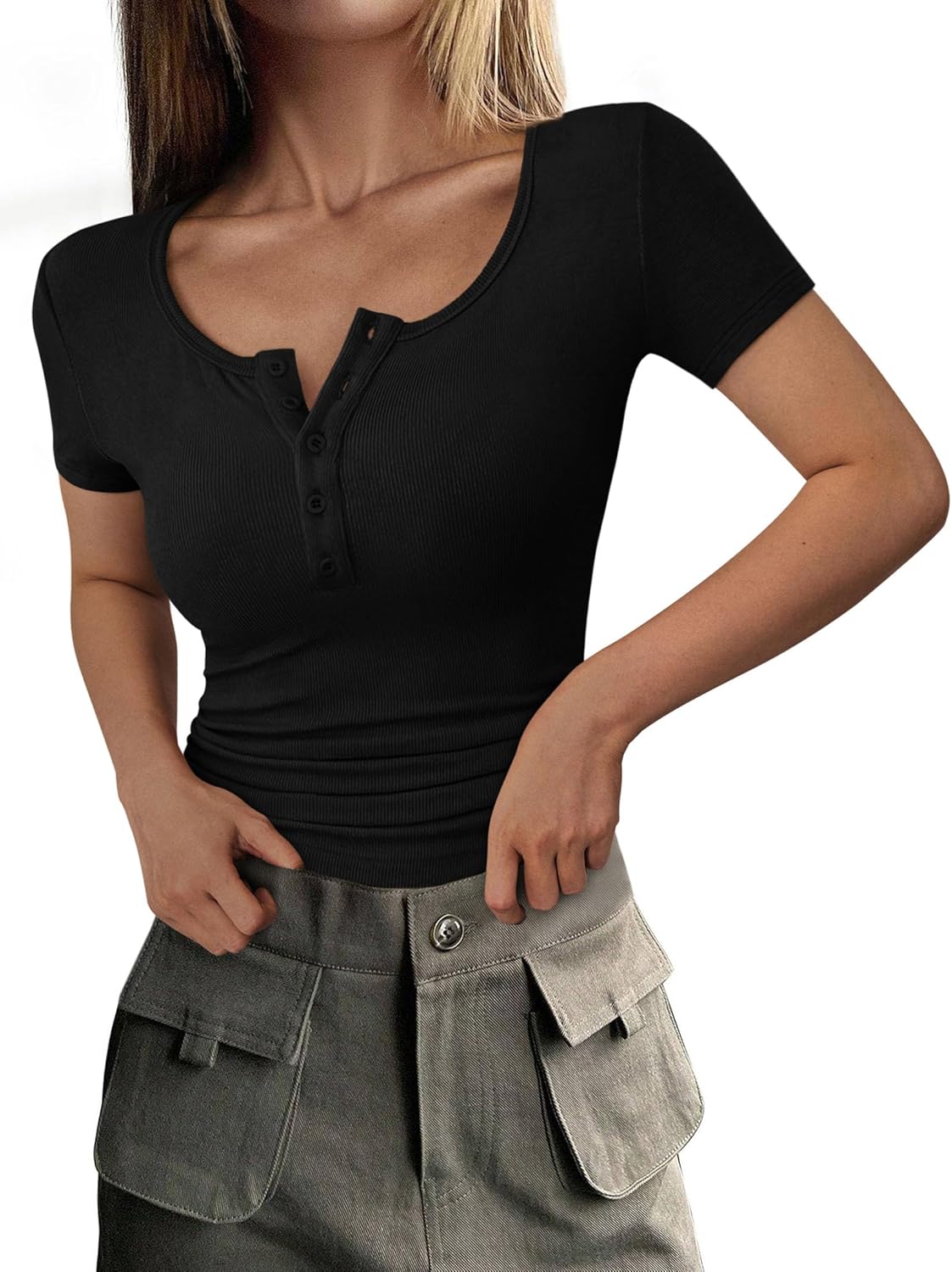 PRETTYGARDEN Women’s 2025 Fall Summer Short Sleeve Tops Ribbed Henley Button Slim Fit Basic Casual T Shirts Blouse Clothing