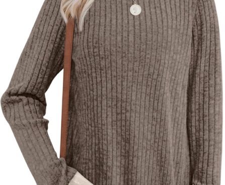 Sampeel Womens Tops Long Sleeve Shirts Lightweight Sweaters Loose Fit Crewneck Color Block Fall Fashion Outfits