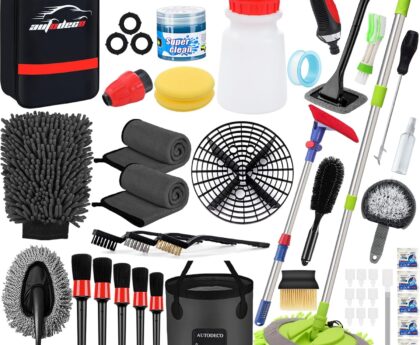 AUTODECO 44Pcs Car Wash Detailing Kit Cleaning Kits with Foam Gun Sprayer Wash Mop with Long Handle Collapsible Bucket Large Wash Mitt Towels Complete Interior Exterior Car Washing Supply Set Black