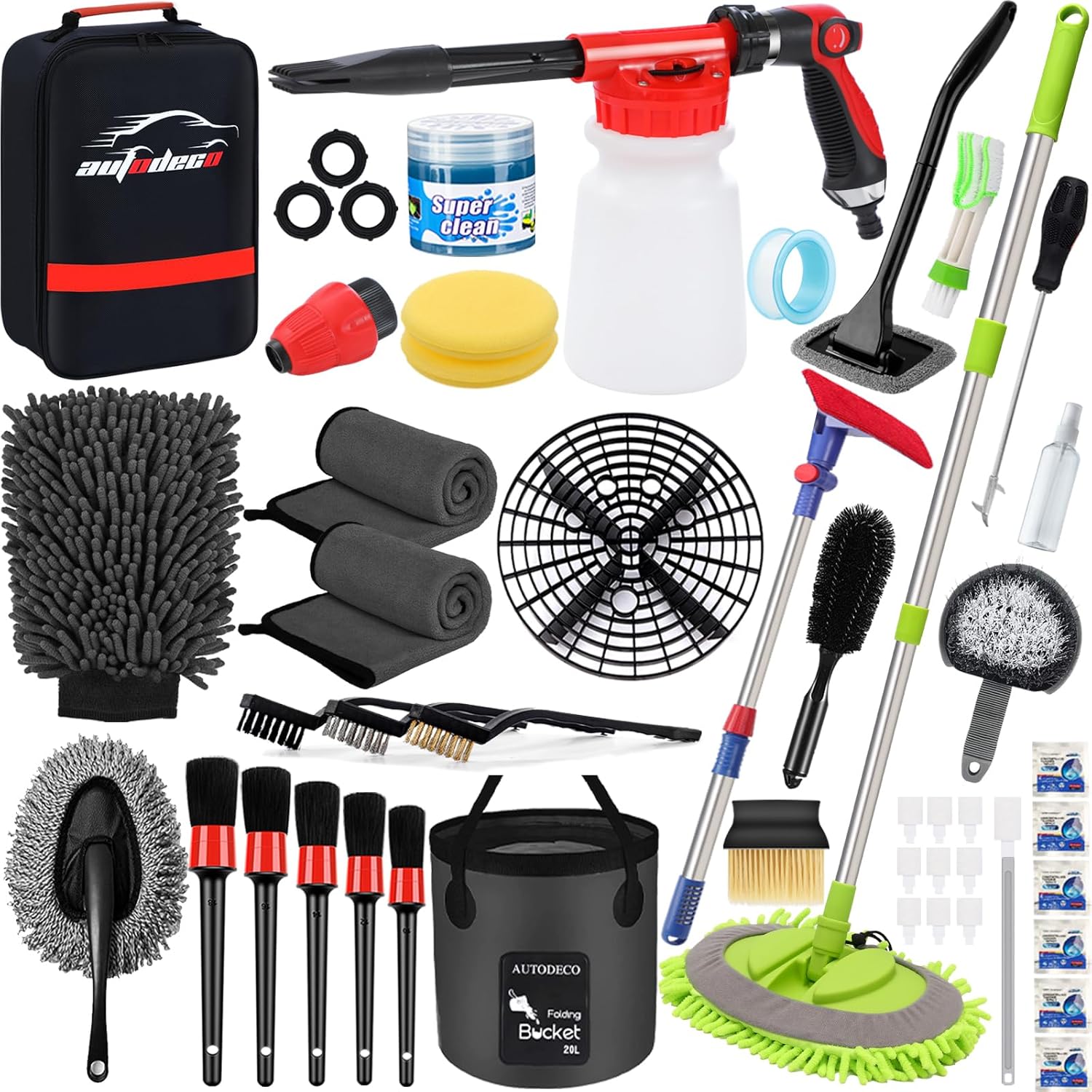 AUTODECO 44Pcs Car Wash Detailing Kit Cleaning Kits with Foam Gun Sprayer Wash Mop with Long Handle Collapsible Bucket Large Wash Mitt Towels Complete Interior Exterior Car Washing Supply Set Black