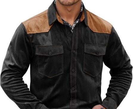 Men’s Western Shirt Cowboy Soft Faux Suede Casual Button Down Shirt with Flap Pockets (S-2XL)