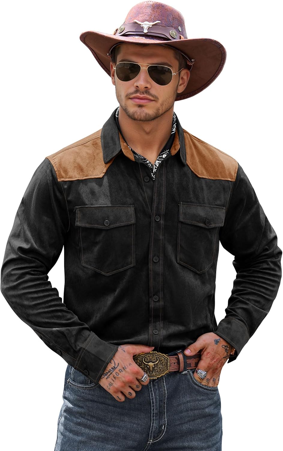 Men’s Western Shirt Cowboy Soft Faux Suede Casual Button Down Shirt with Flap Pockets (S-2XL)
