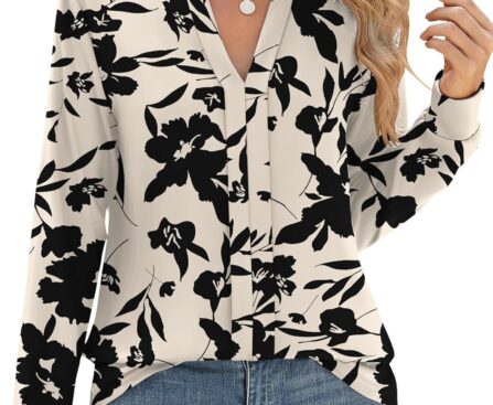 Micoson Womens Tops Dressy Casual Long Sleeve Business Knit T Shirts V Neck Pleated Work Blouses Loose Fall Trendy Clothes