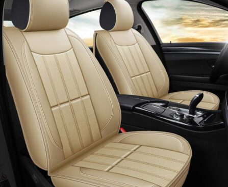 AOOG Leather Car Seat Covers for Cars SUV Pick-up Truck, Universal (Beige, Front Pair)