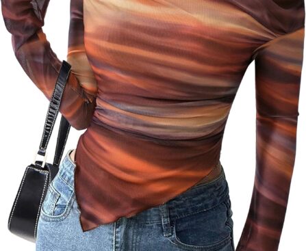 PRETTYGARDEN Womens Fall Trendy Off Shoulder Y2k Tops 2025 Tie Dye Mesh Long Sleeve Shirts Asymmetrical Ruched Floral Blouse