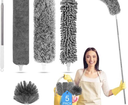 Microfiber Feather Duster 5-in-1 Kit, Dusters for Cleaning, Duster with Extension Pole 100 Inches, Cobweb Duster, Microfiber Dusters for High Ceilings and Fans, Blinds, Cars and Furniture