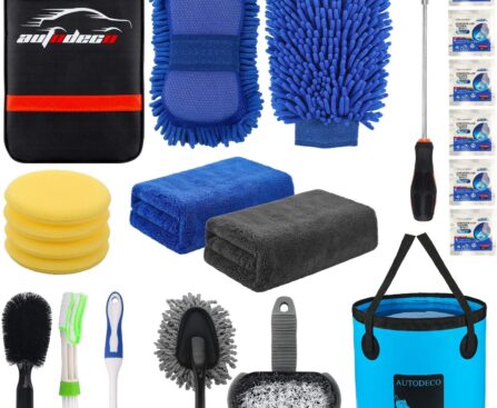 AUTODECO 22Pcs Car Wash Cleaning Tools Kit Car Detailing Set with Black Canvas Bag Collapsible Bucket Wash Mitt Sponge Towels Tire Brush Window Scraper Duster Complete Interior Car Care Kit