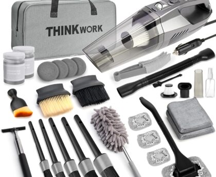 THINKWORK Car Cleaning Kit, Car Detailing Kit Interior Cleaner with High Power Handheld Vacuum, 10Pcs Detailing Brush and Storage Bag, Gray Auto Interior Cleaning Kit for Men