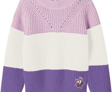 Girls’ Sweaters Color Block Pullover Jumper Knit Long Sleeve Rainbow Sweaters Kids Crewneck Casual Jumper