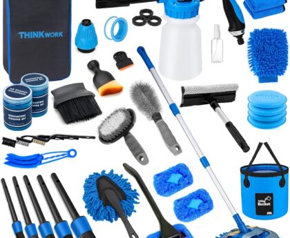 THINKWORK Car Wash Kit, Car Detailing Kit with Foam Gun, Car Wash Brush Mop and Large Folding Bucket Suitable for Car Cleaning, Blue Car Wash Set Gift for Men and Women