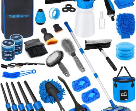 THINKWORK Car Wash Kit, Car Detailing Kit with Foam Gun, Car Wash Brush Mop and Large Folding Bucket Suitable for Car Cleaning, Blue Car Wash Set Gift for Men and Women