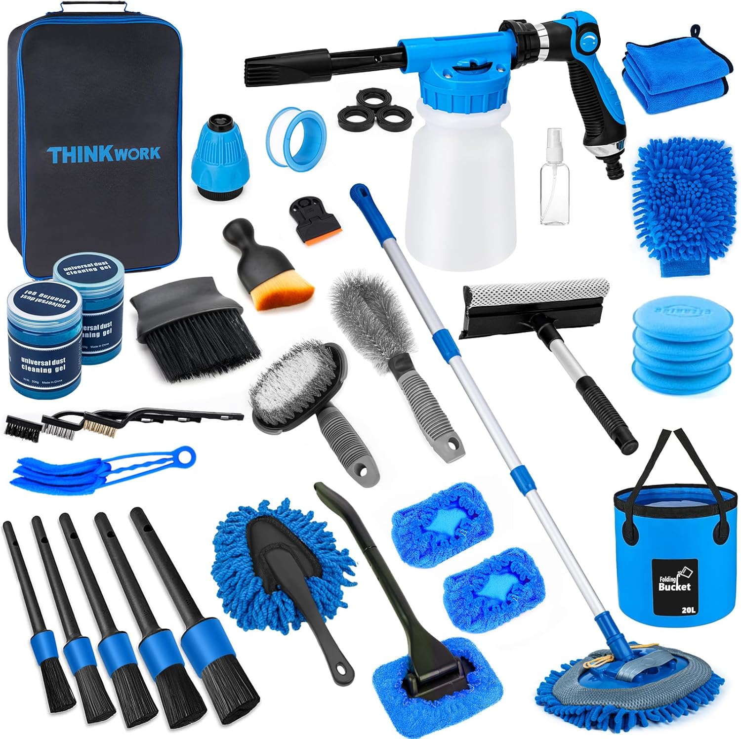 THINKWORK Car Wash Kit, Car Detailing Kit with Foam Gun, Car Wash Brush Mop and Large Folding Bucket Suitable for Car Cleaning, Blue Car Wash Set Gift for Men and Women