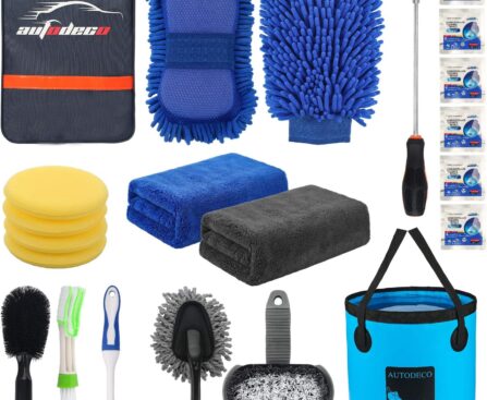 AUTODECO 22Pcs Car Wash Cleaning Tools Kit Car Detailing Set with Blue Canvas Bag Collapsible Bucket Wash Mitt Sponge Towels Tire Brush Window Scraper Duster Complete Interior Car Care Kit