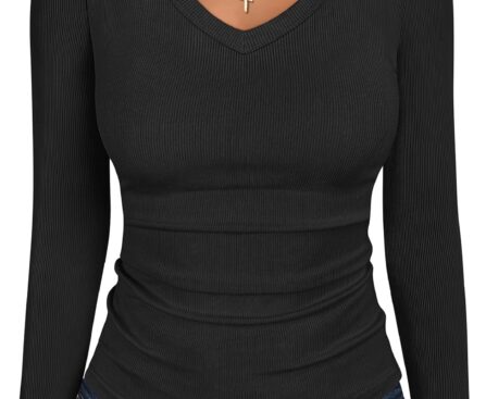 ANRABESS Long Sleeve Shirts for Women V Neck Ribbed Knit Fitted Fall Basic Tshirts Going Out Tops 2025 Casual Trendy Clothes