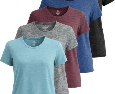 Real Essentials 5 Pack: Women’s Short Sleeve T-Shirts Workout Tops Fitness Pilates Gym Activewear Athletic (Plus Available)